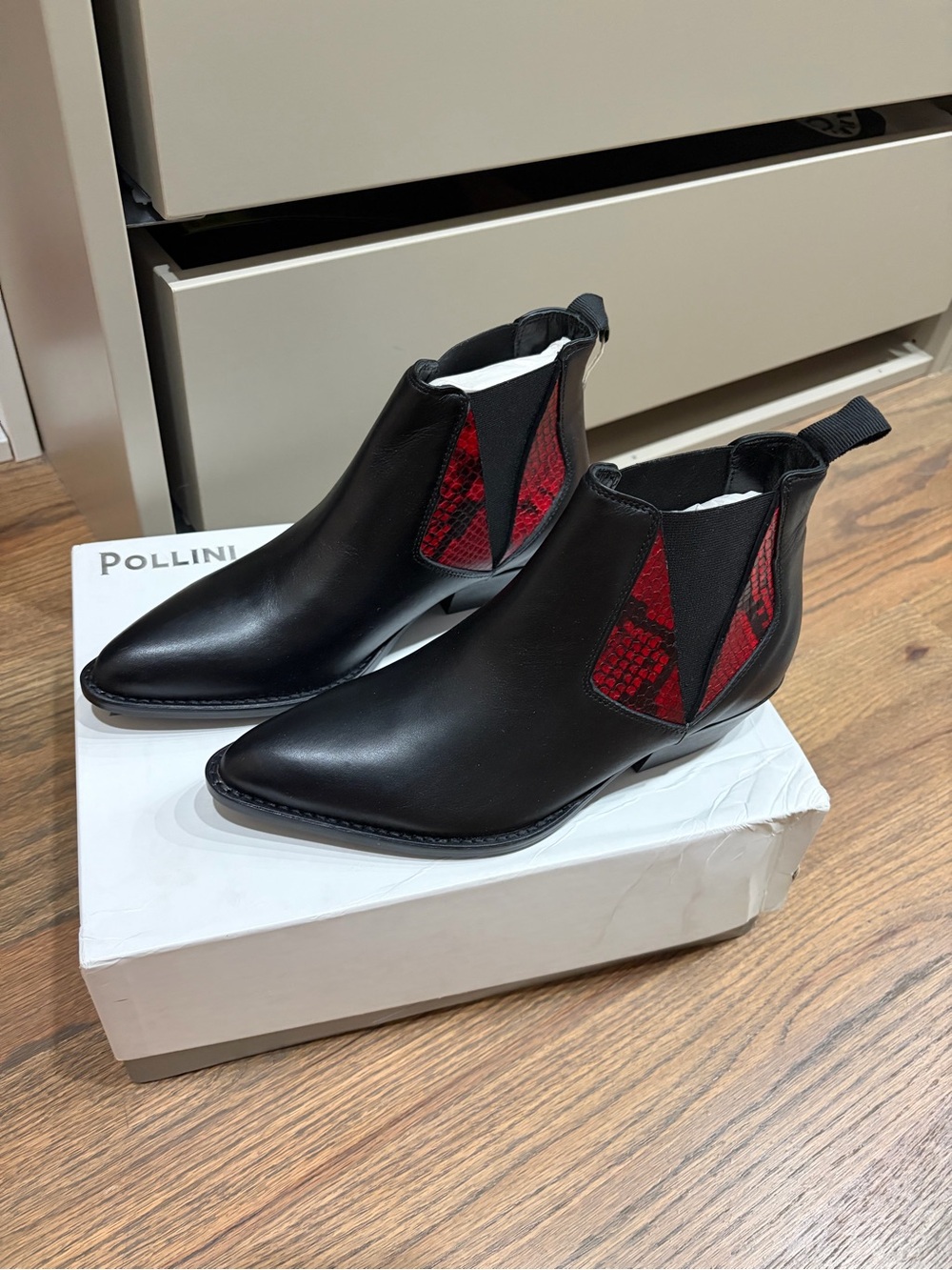 Pollini Black Leather Ankle Boots with Red Snake-Print Panels